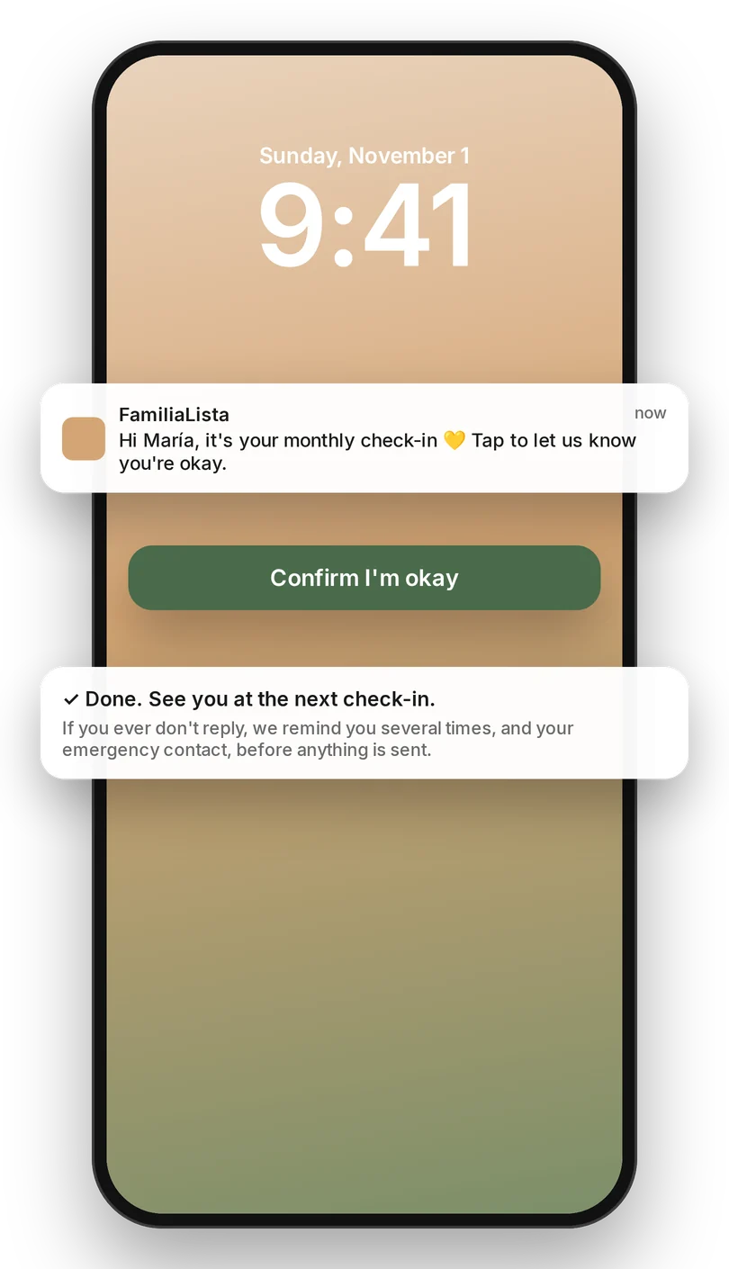 A monthly check-in notification with a Confirm I’m okay button