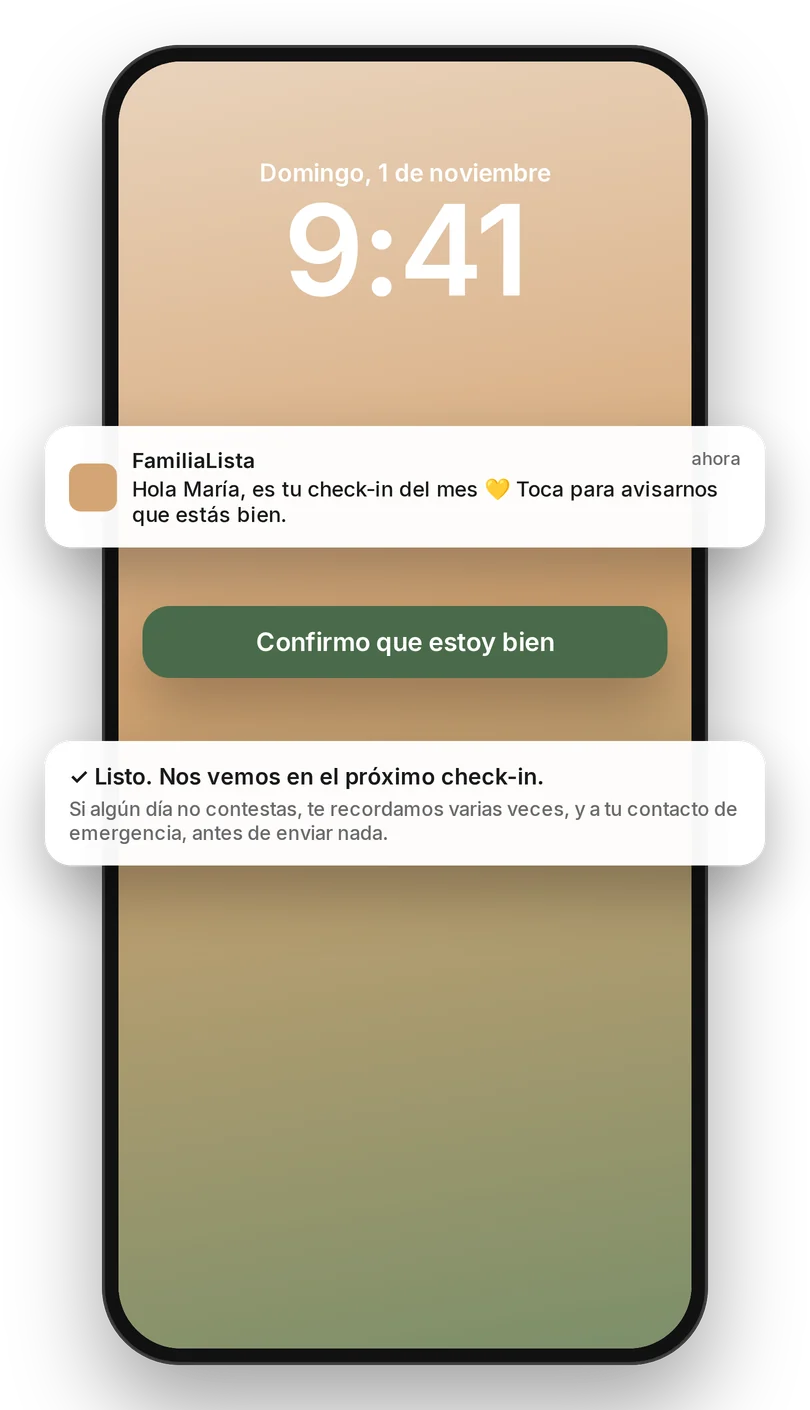 Aviso del check-in del mes con el botón Confirmo que estoy bien