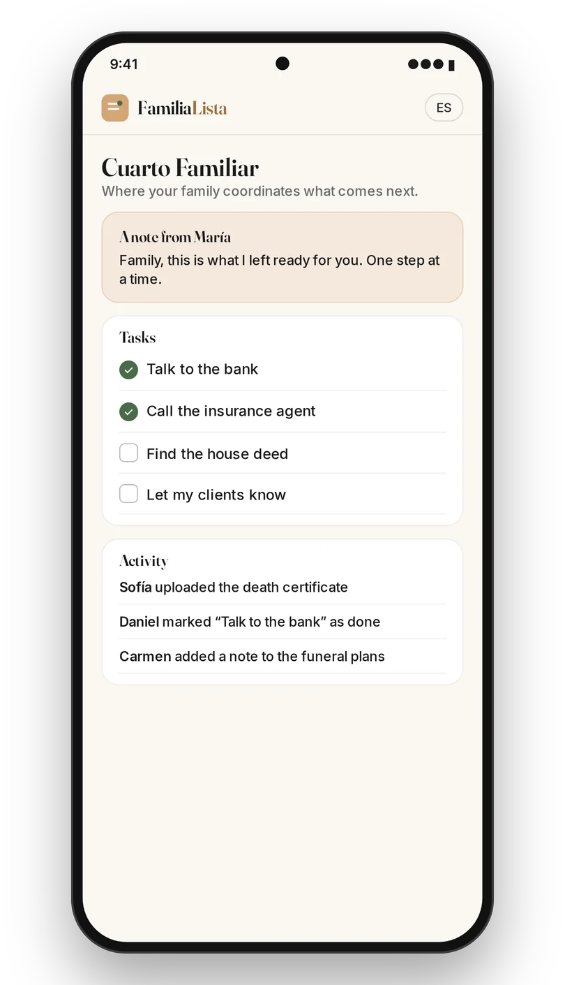 Cuarto Familiar with shared tasks and an activity log