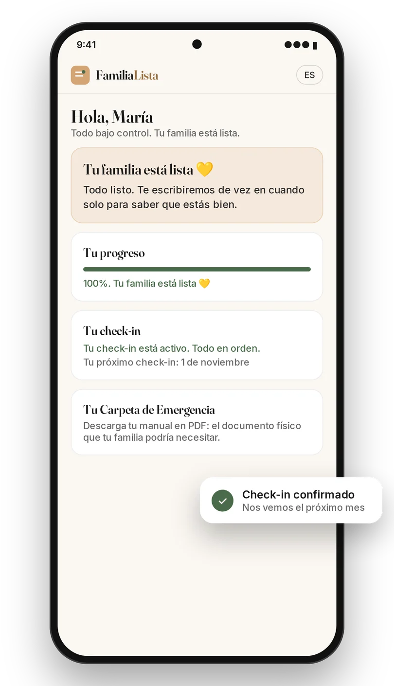 Pantalla de inicio de FamiliaLista: Tu familia está lista