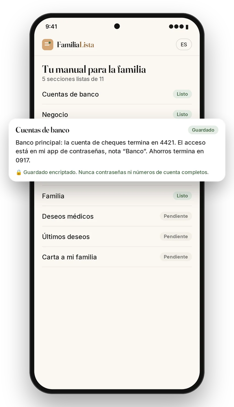Tu manual para la familia, con secciones listas y pendientes