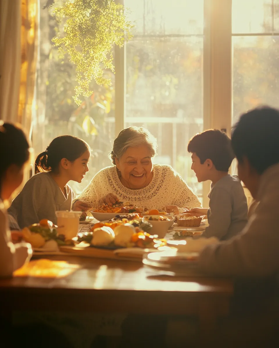 A multigenerational family sharing dinner at home