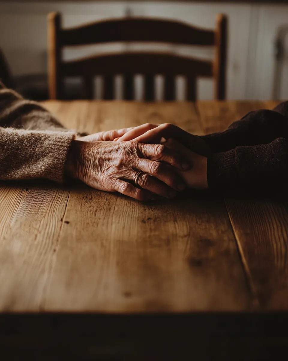 Two hands resting together on a kitchen table