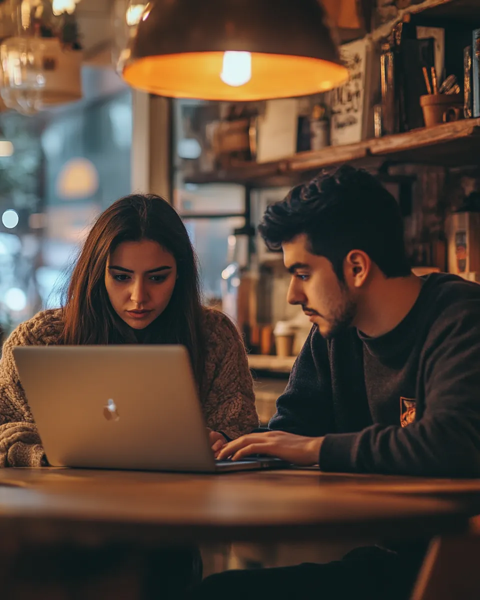 Two adult siblings searching on a laptop