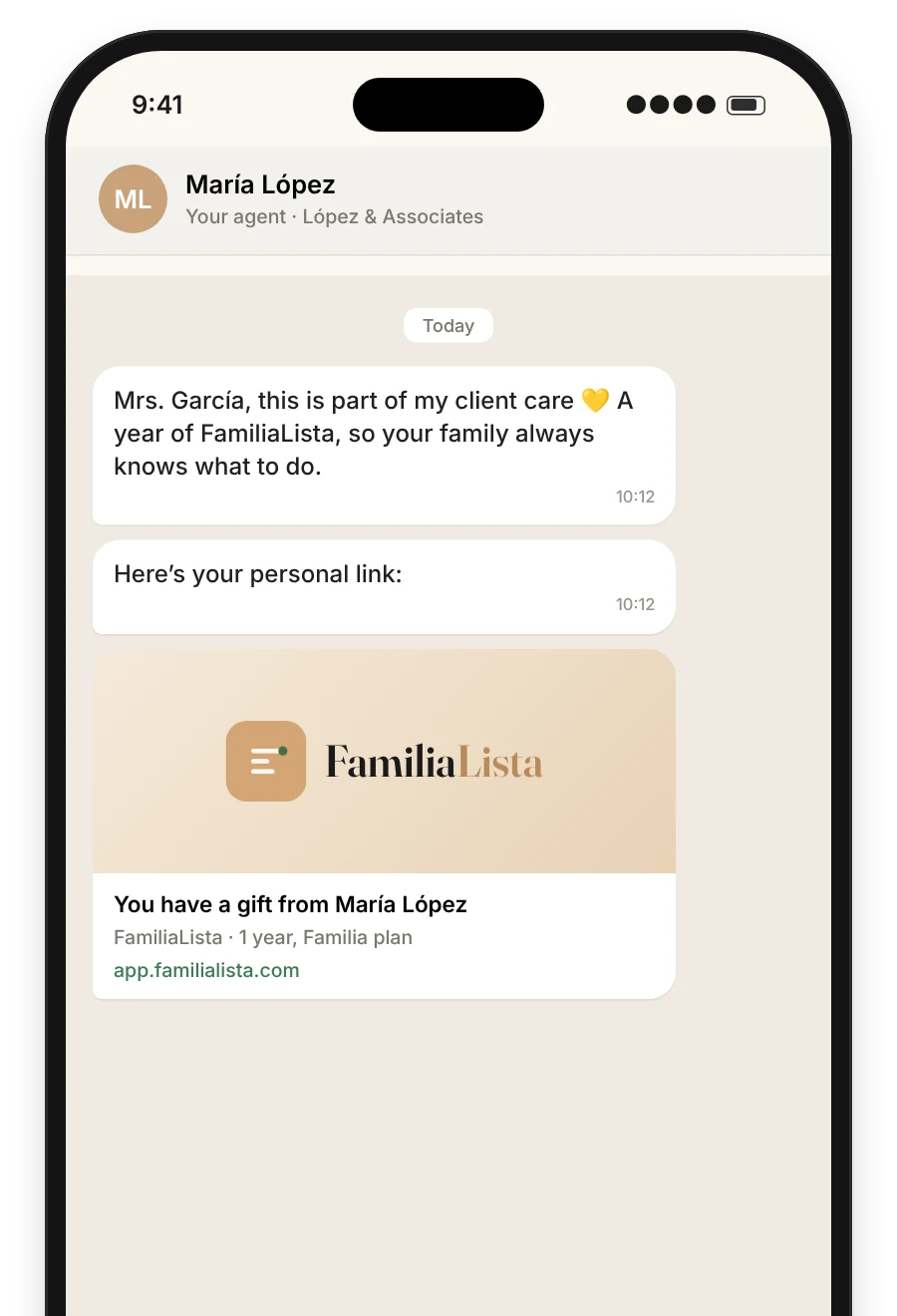 A text from the agent with the client’s FamiliaLista gift link