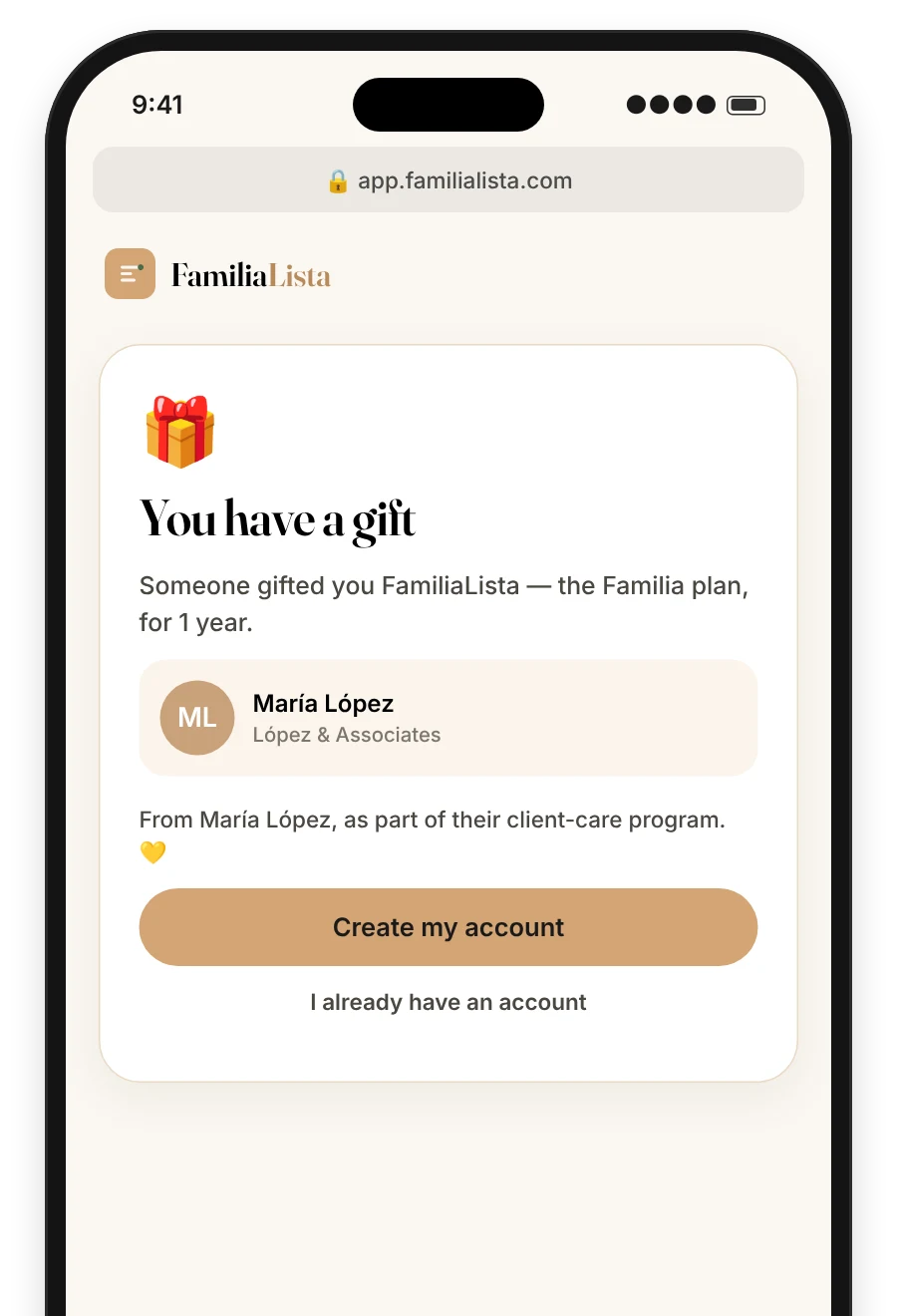 The gift page, showing it is from the agent