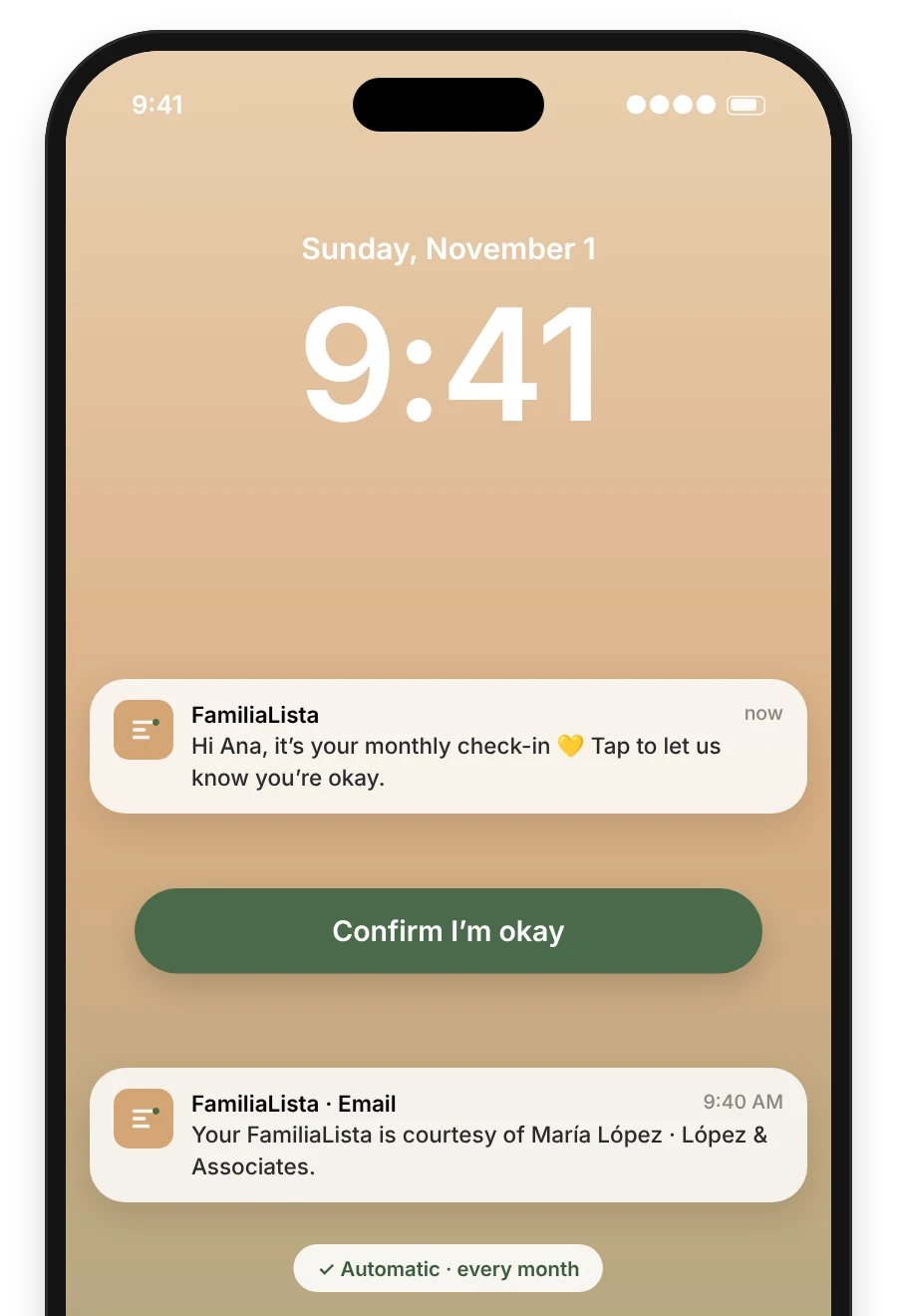 Lock screen with the automatic monthly check-in and an email naming the agent