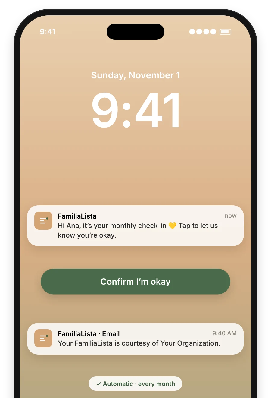Lock screen with the automatic monthly check-in and an email naming the organization
