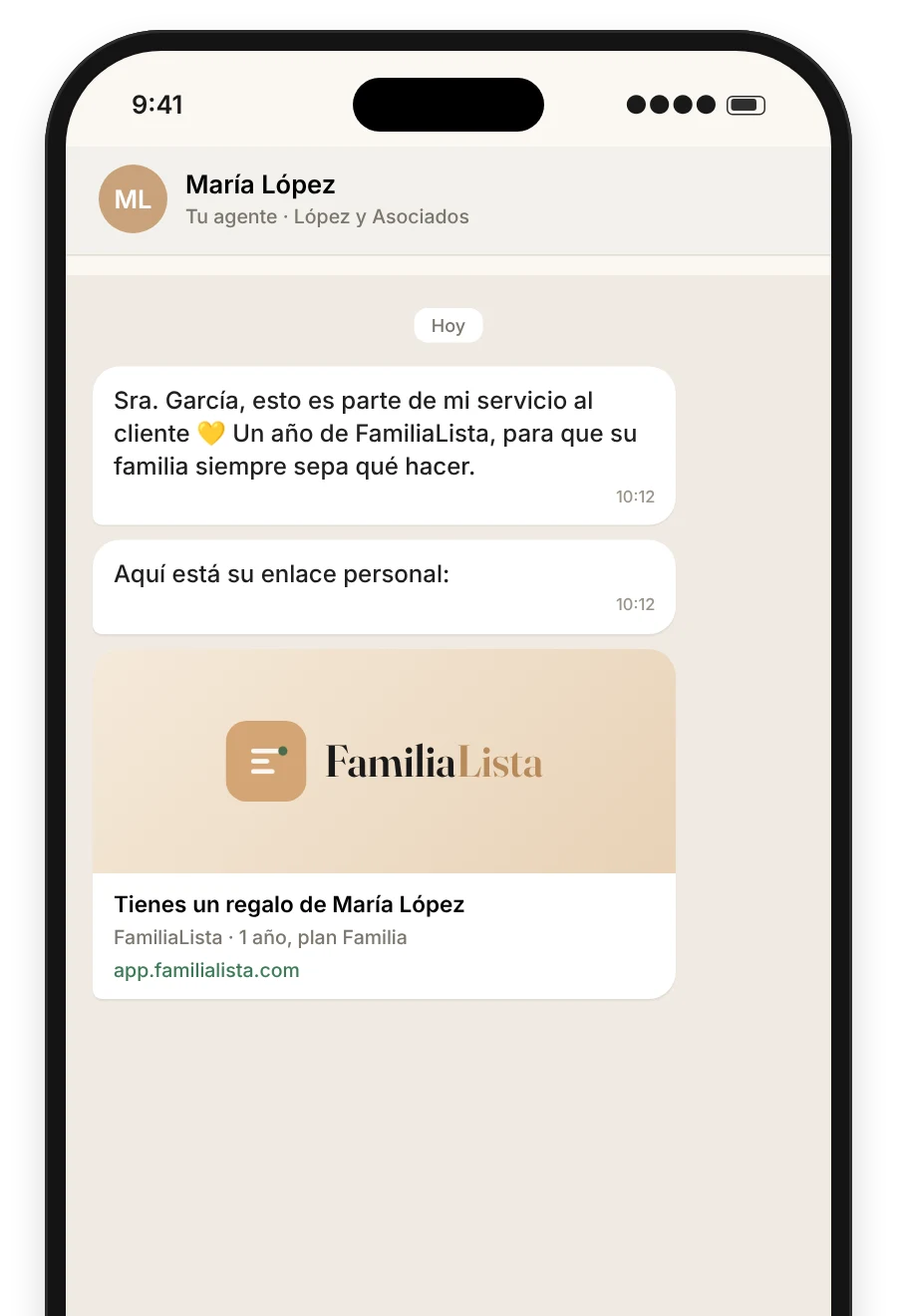 Un mensaje del agente con el enlace de regalo de FamiliaLista