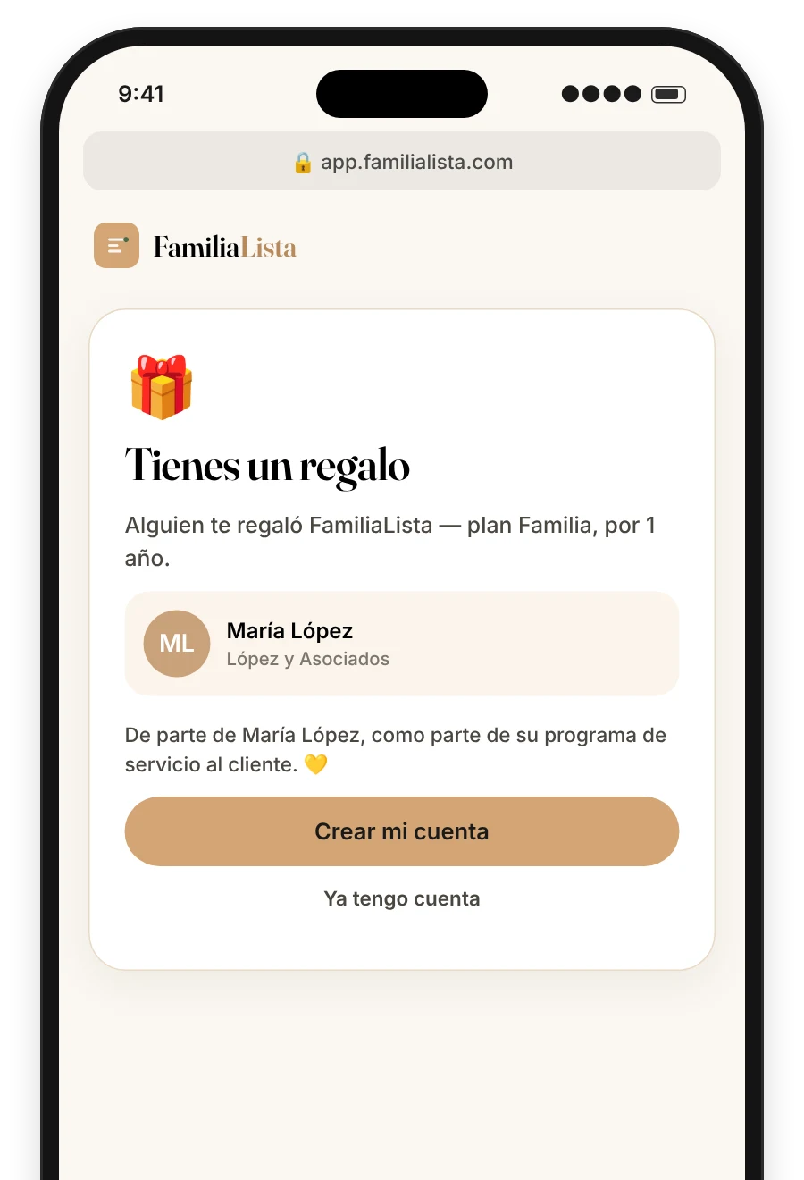 La página del regalo, mostrando que es del agente