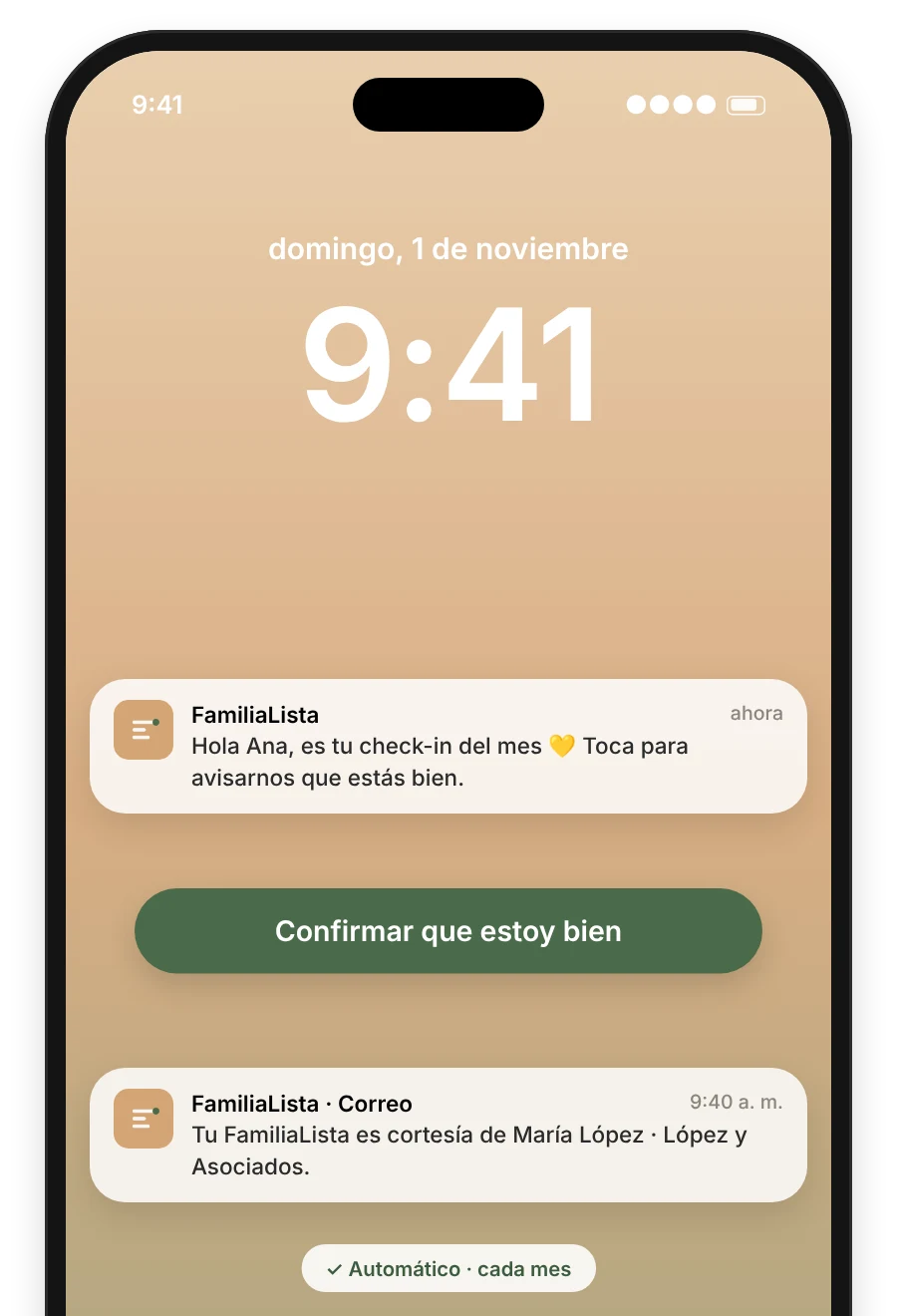 Pantalla con la confirmación mensual automática y un correo con el nombre del agente