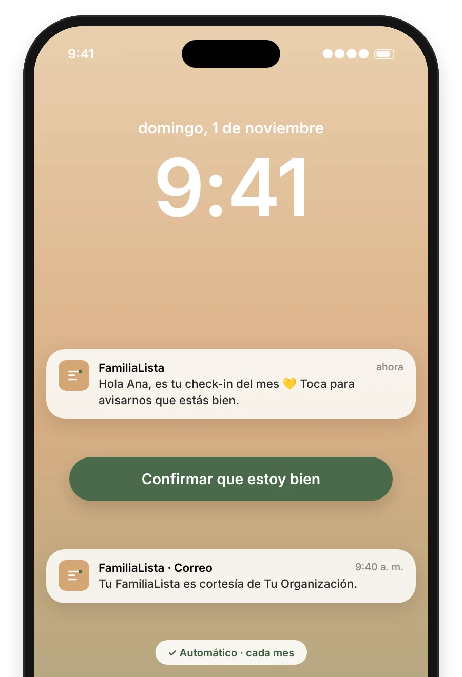 Pantalla con la confirmación mensual automática y un correo con el nombre de la organización