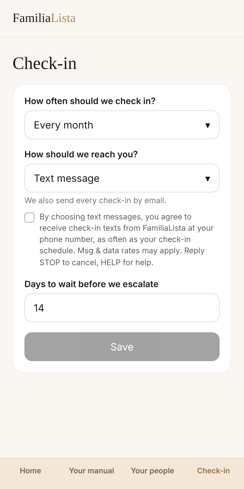 FamiliaLista Check-in screen with Text message selected and an unchecked consent box