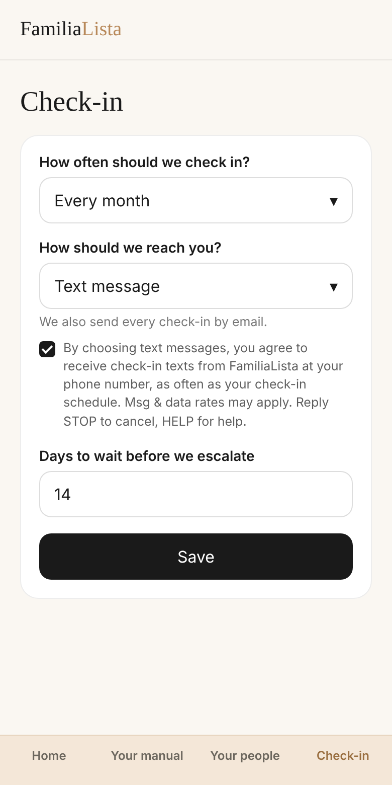 FamiliaLista Check-in screen with the consent box checked and Save enabled