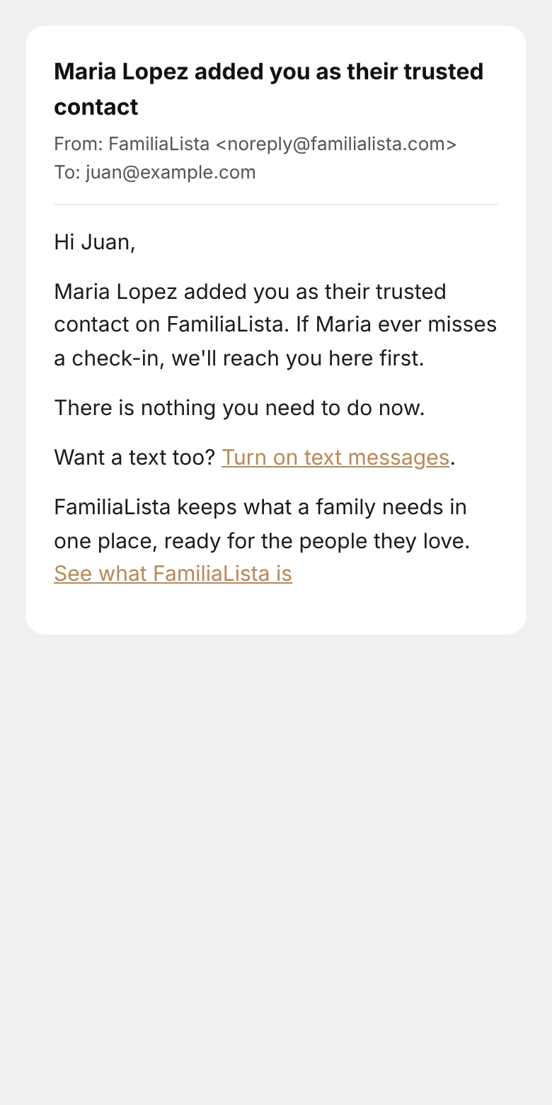 Email: Maria Lopez added you as their trusted contact, with a Turn on text messages link