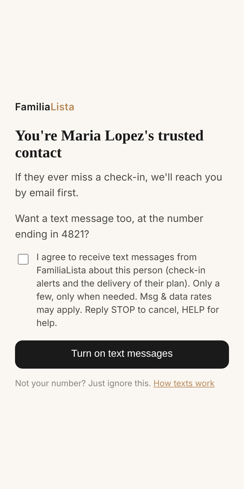 FamiliaLista opt-in page with an unchecked consent checkbox and a Turn on text messages button